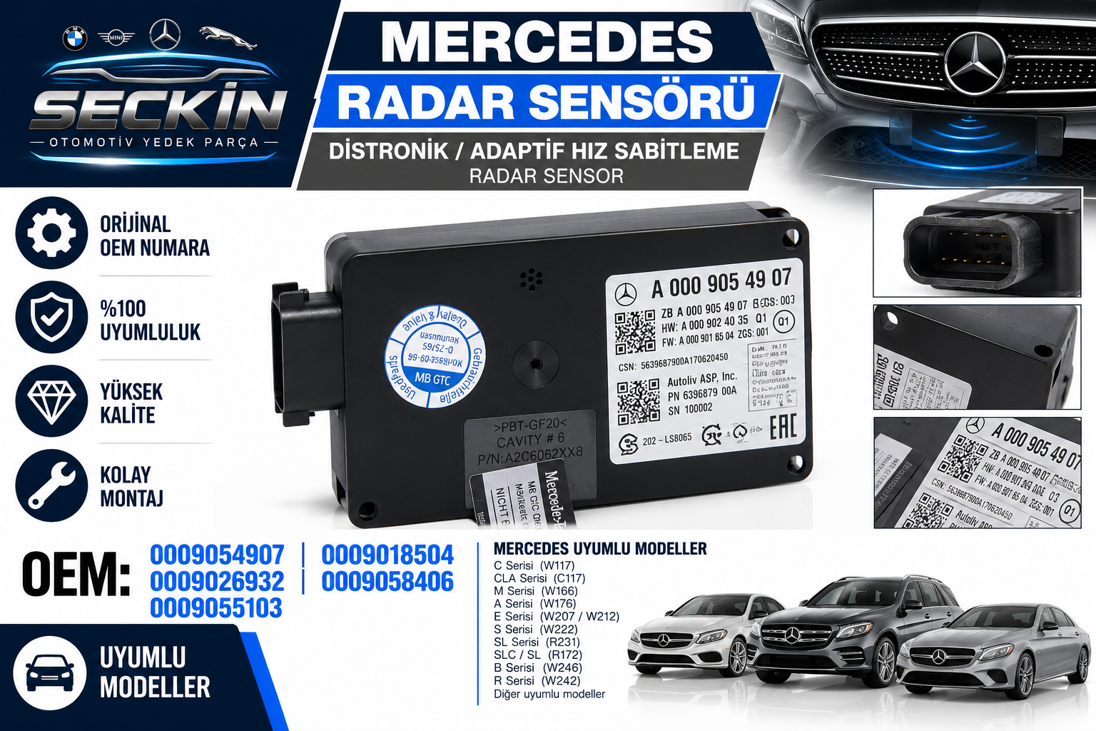 MER 117 156 166 176 207 212 222 242 246 Radar Sensörü OEM 0009054907
