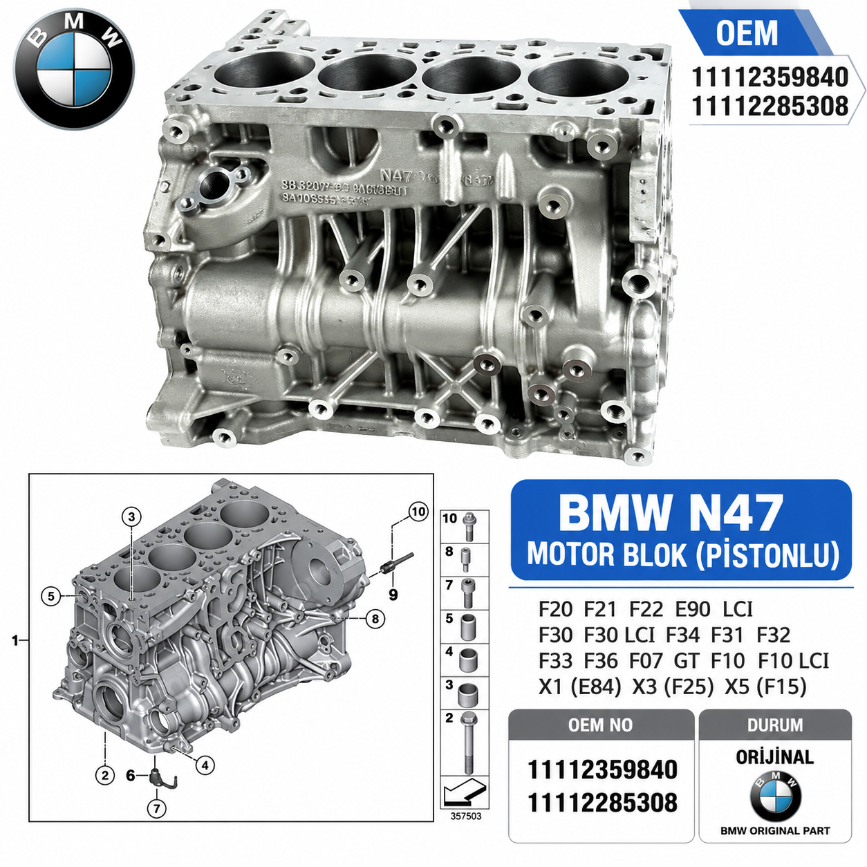 BMW F10 N47 Motor Blok Pistonlu OEM 11112359840-11112285308