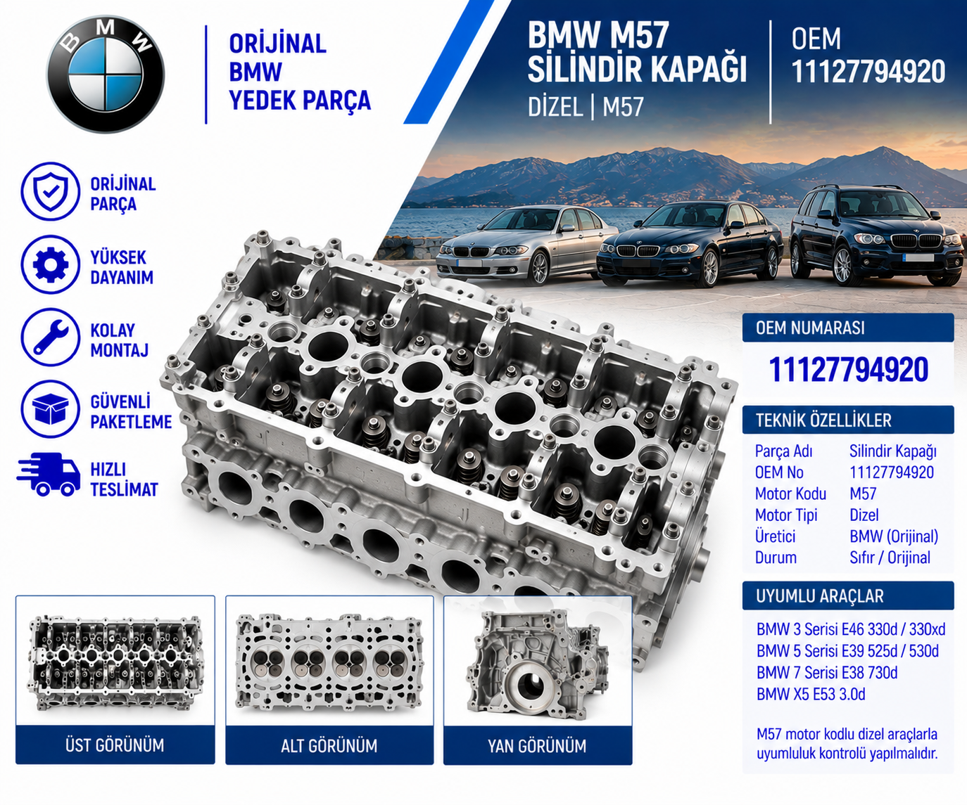 BMW E46(330D/330XD) E39(525D/530D) E38(730D) X5 E53(3.0D) M57 Silindir Kapaği OEM 11127794920