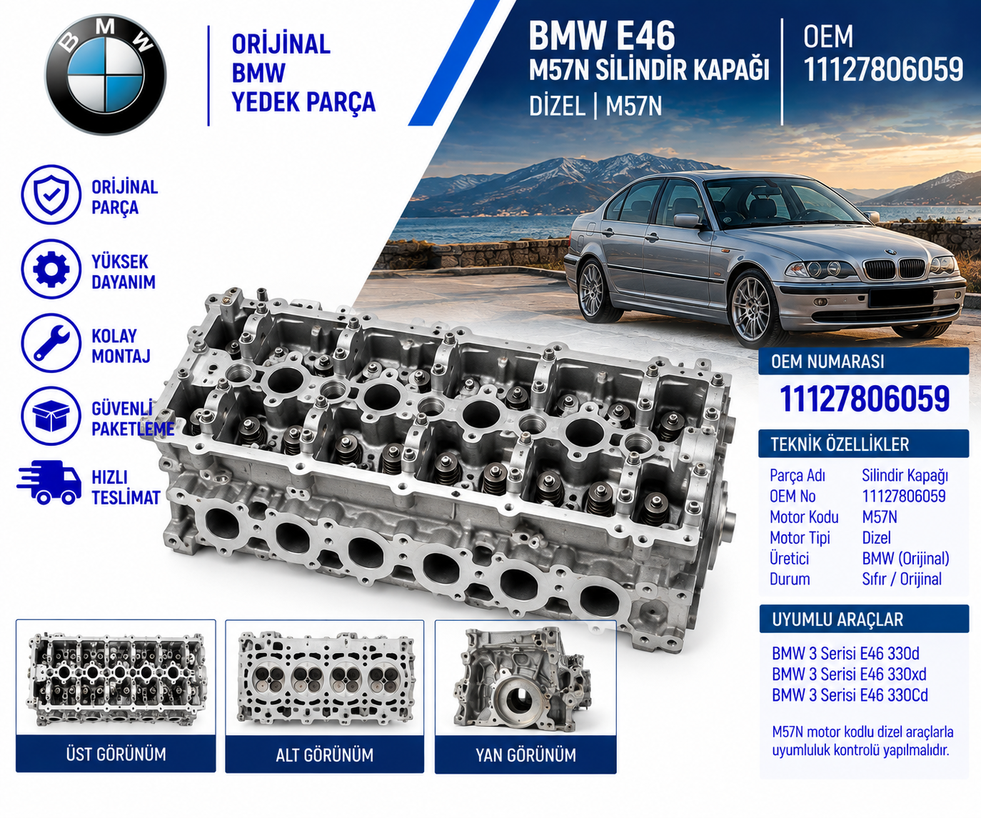 BMW E46(330CD/330D/330XD) E60(530D) E6(530D) E65(730D) X5 E53(3.0D) M57N Silindir Kapaği OEM 11127806059