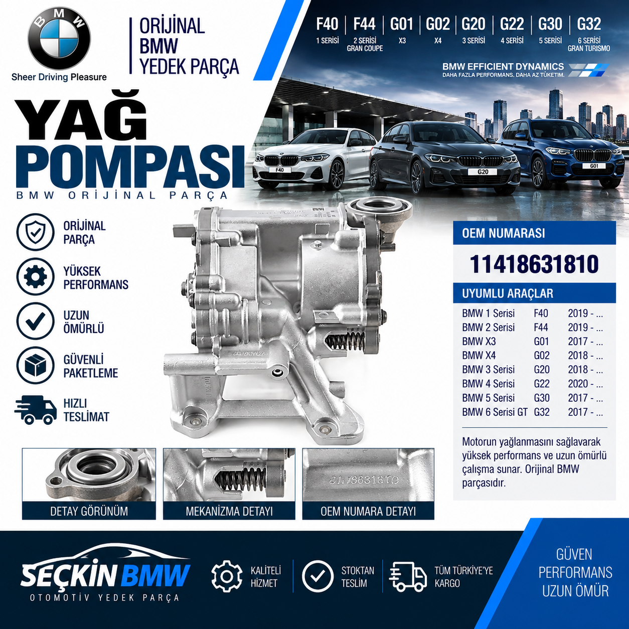 BMW F40 F44 F45 F46 G20 G21 G30 G31 G32 X1 F48 X2 F39 X3 G01 X4 G02 Z4 G29 MINI F54 F55 F56 F57 F60 B38 B48 Yağ Pompası OEM 11418631810