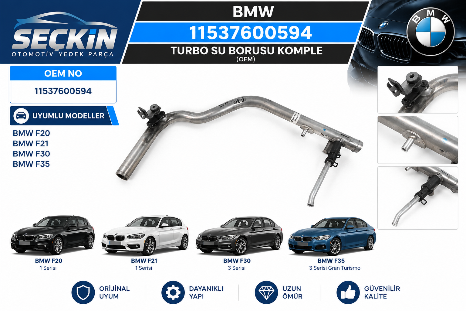 BMW F20 F21 F30 F35 Turbo Su Borusu Komple OEM 11537600594