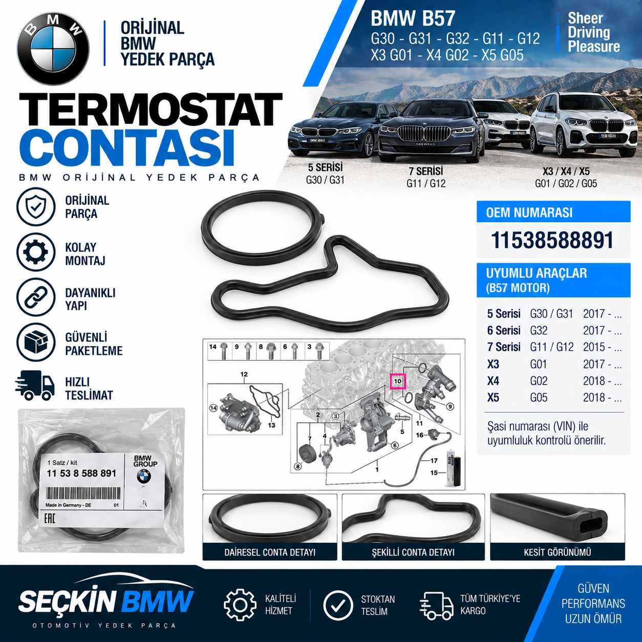 BMW G30 G31 G32 G11 G12 X3 G01 X4 G02 X4 G05 B57 Termostat Contasi OEM 11538588891