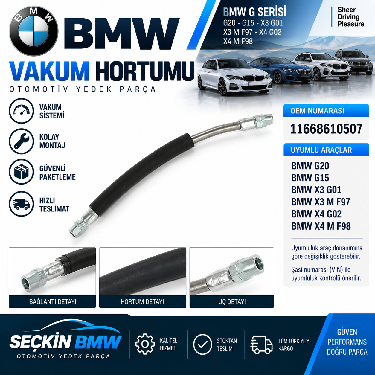BMW G20 G15 X3 G01 X3 M F97 X4 G02 X4 M F98 B48 Vakum Hortumu OEM 11668610507