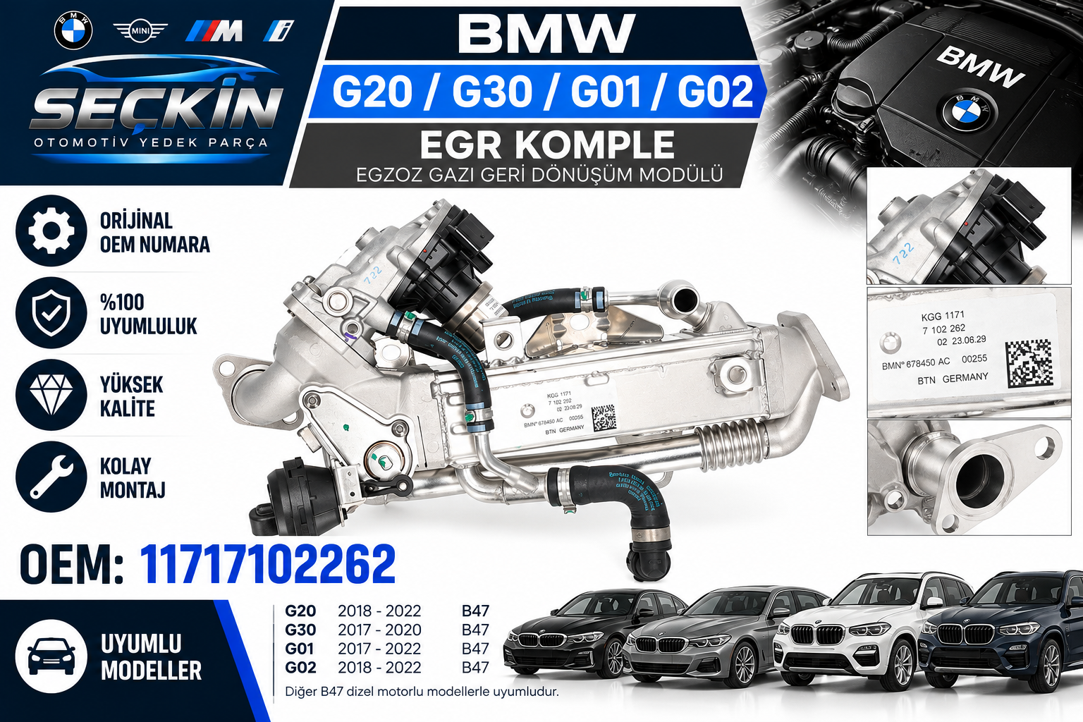 BMW G20 G30 G01 G02 B47 Egr Komple OEM 11717102262