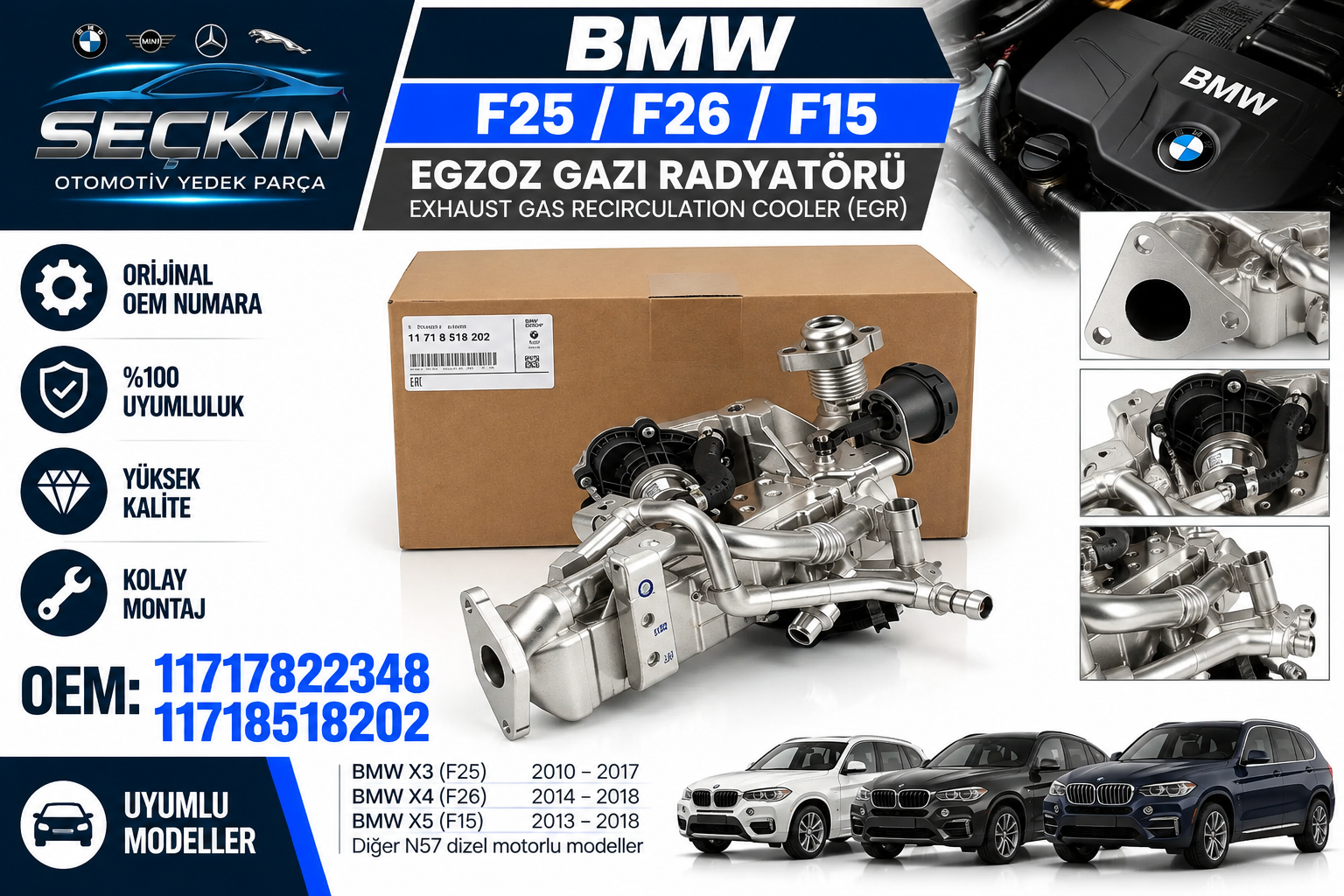BMW F25 F26 F15 Egzoz Gazi Radyatörü OEM 11717822348