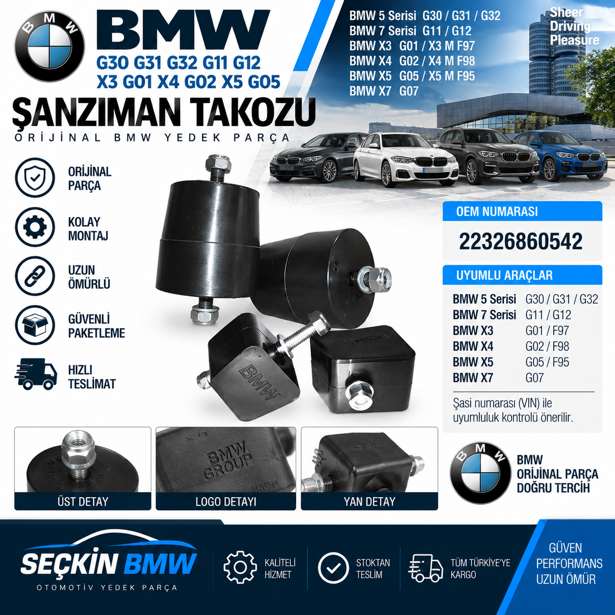 BMW G30 G31 G32 G11 G12 X3 G01 X4 G02 X5 G05 Şanzıman Takozu OEM 22326860542
