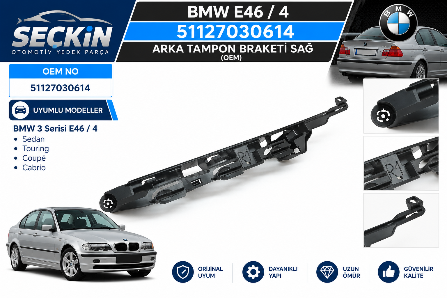 BMW E46/4 Arka Tampon Braketi̇ Sağ OEM 51127030614