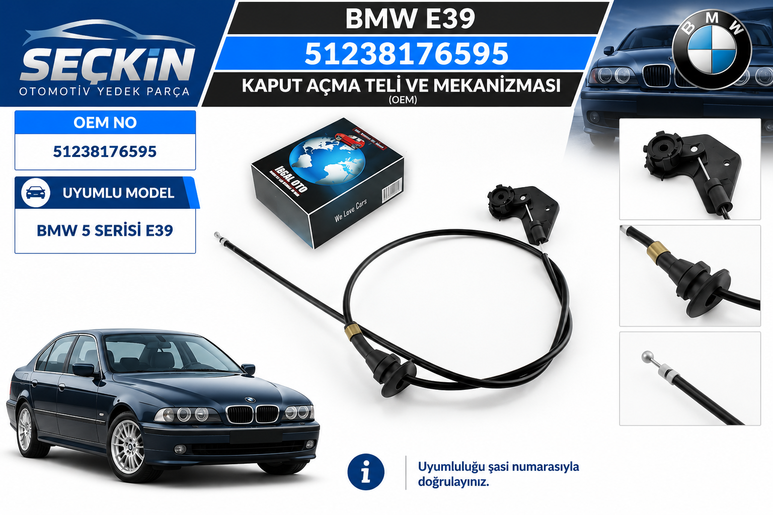 BMW E39 Kaput Açma Teli̇ Plasti̇ği̇ OEM 51238176595