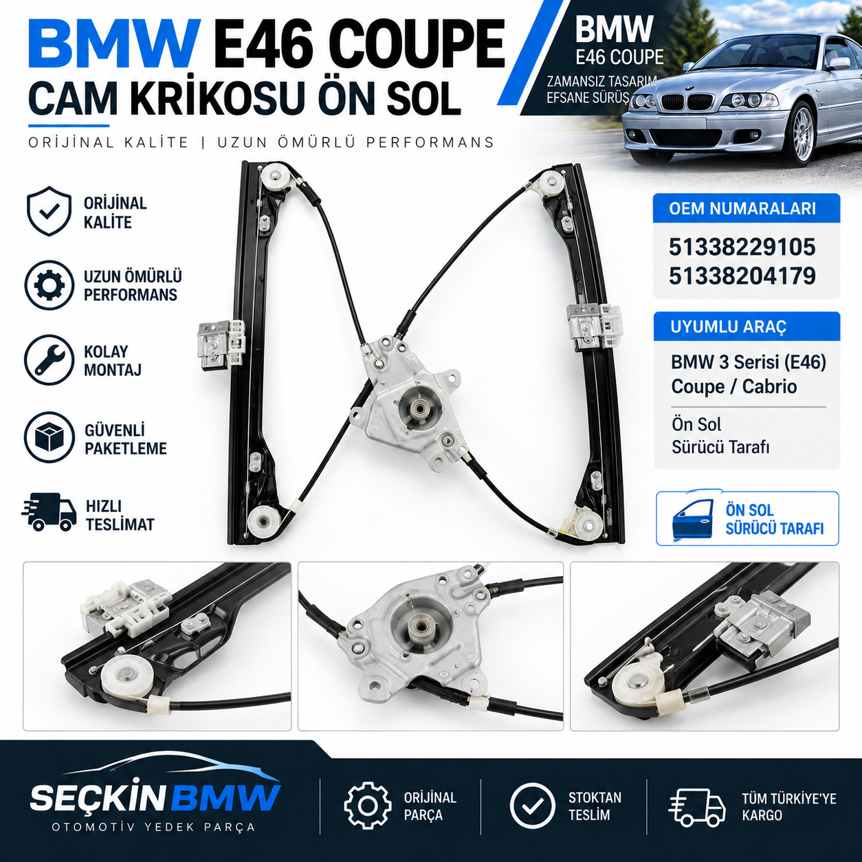 BMW E46 COUPE Cam Krikosu Ön Sol OEM 51338229105-51338204179