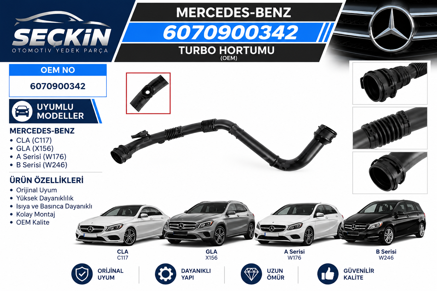 Mercedes 117 156 176 246 Turbo Hortumu OEM 6070900342