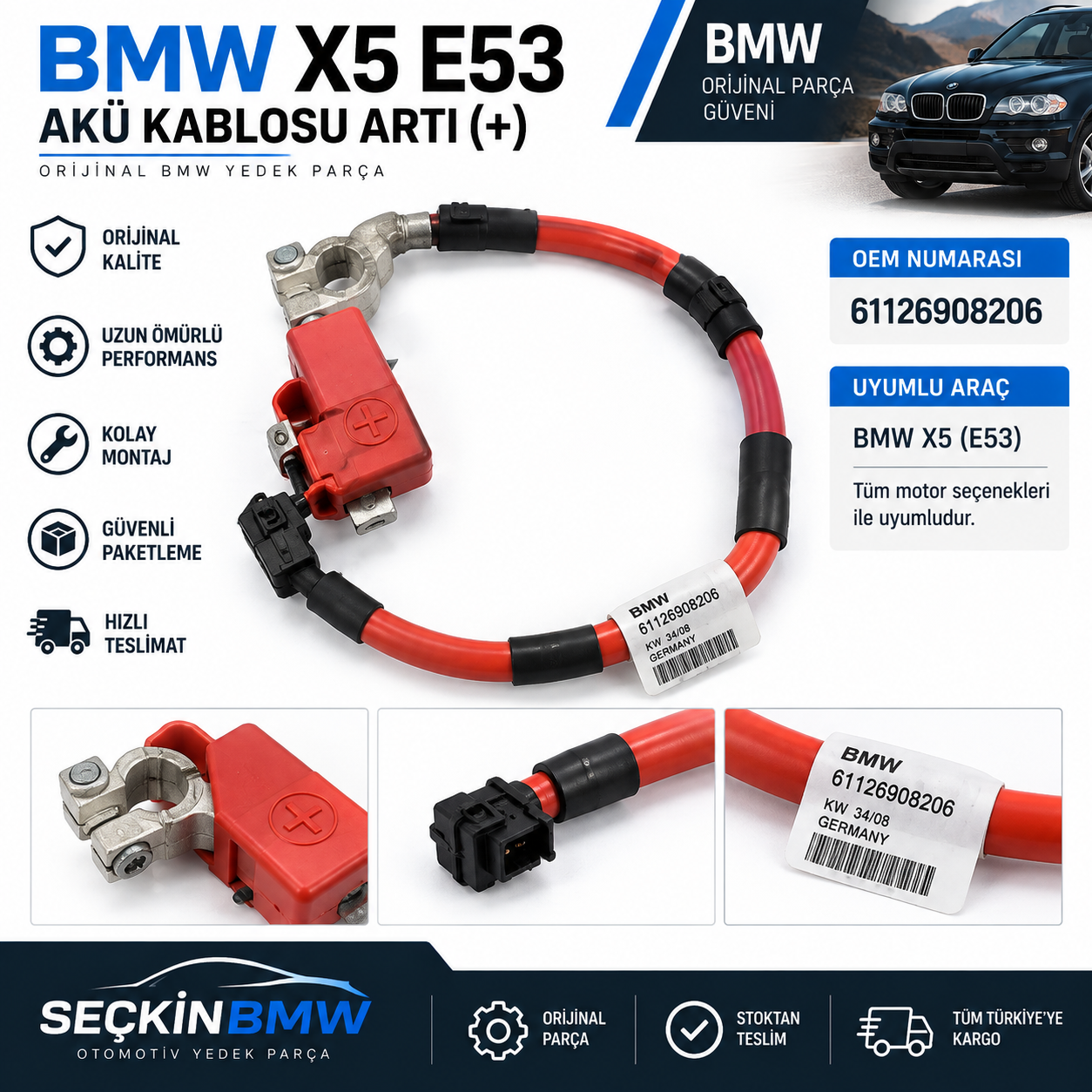 BMW E53 X5 Akü Kablosu Artı OEM 61126908206