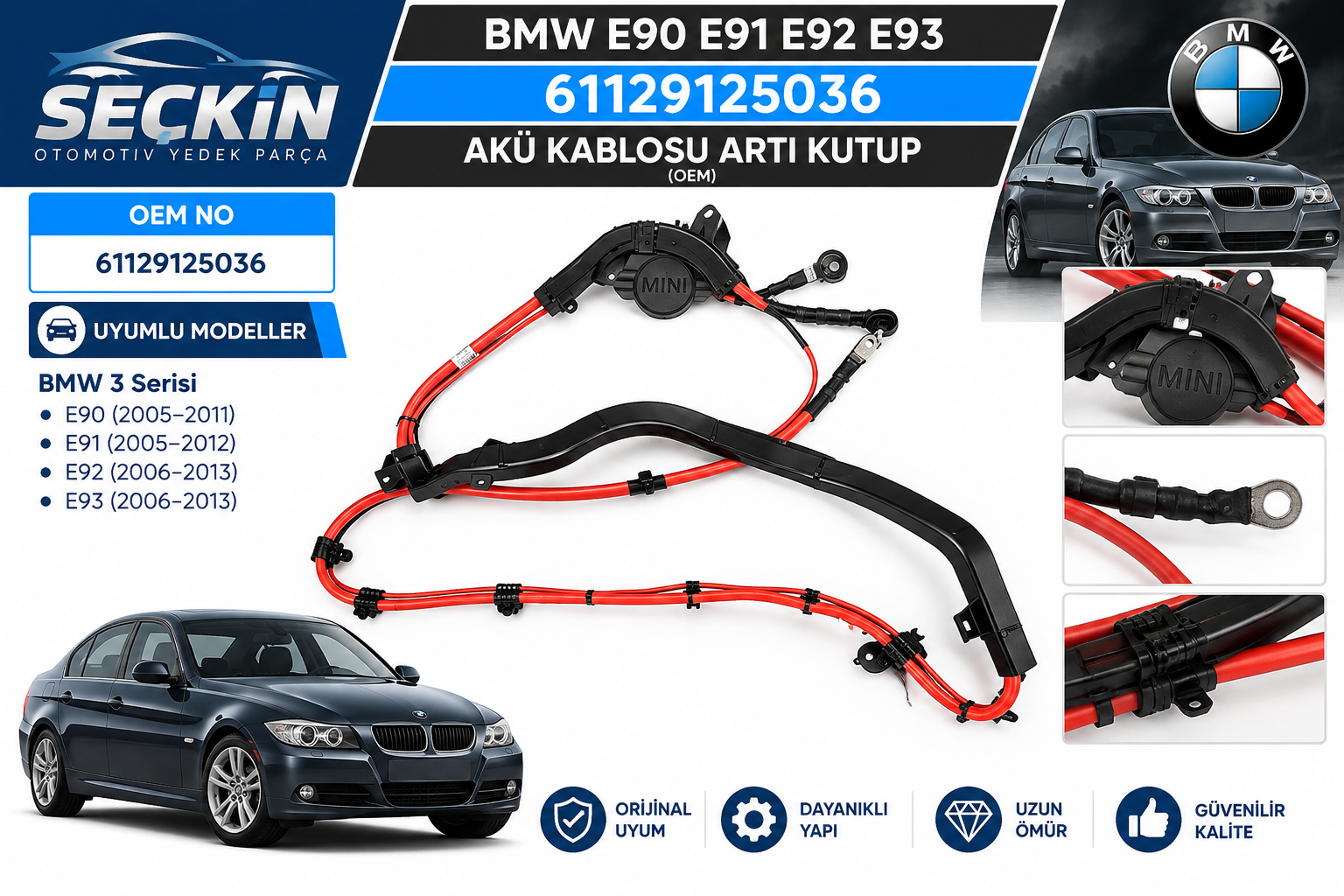 BMW E90 E91 E92 E93 Akü Kablosu Artı Kutup OEM 61129125036