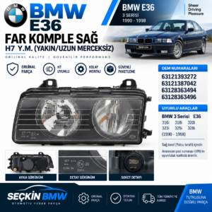 BMW E36 Far Komple Sağ H7 Y.M. OEM 63121393272-63121387042-63128363494-63128363496