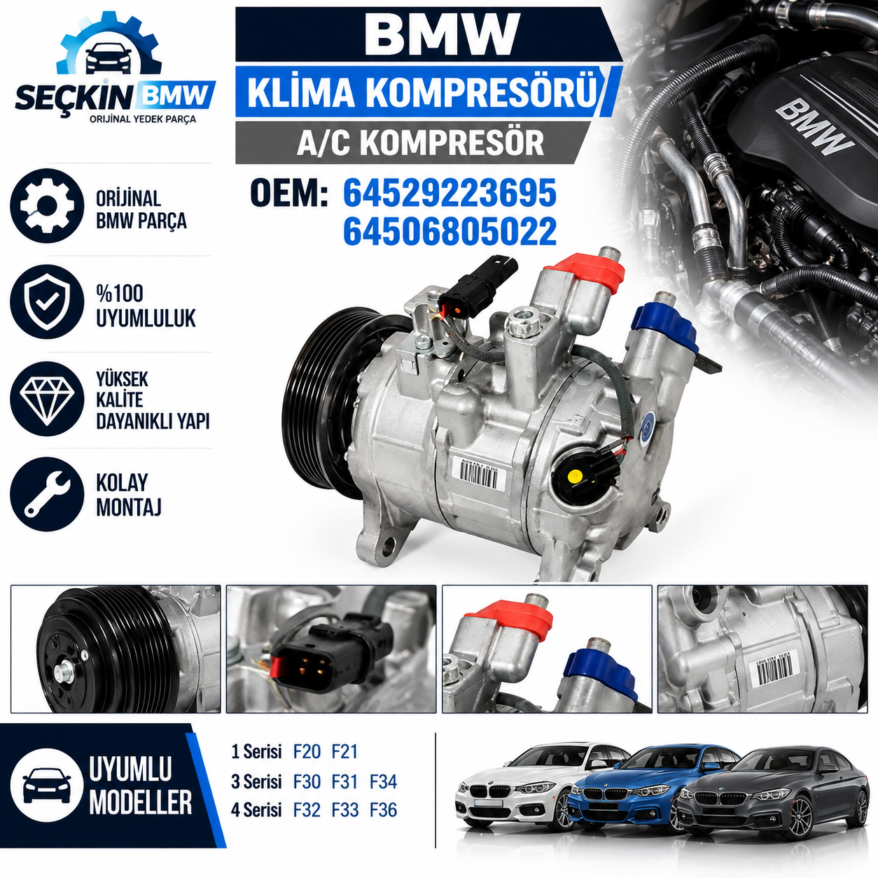 BMW F20 F21 F30 F31 F34 F32 F33 F36 Klima Kompresörü OEM 64529223695-64506805022