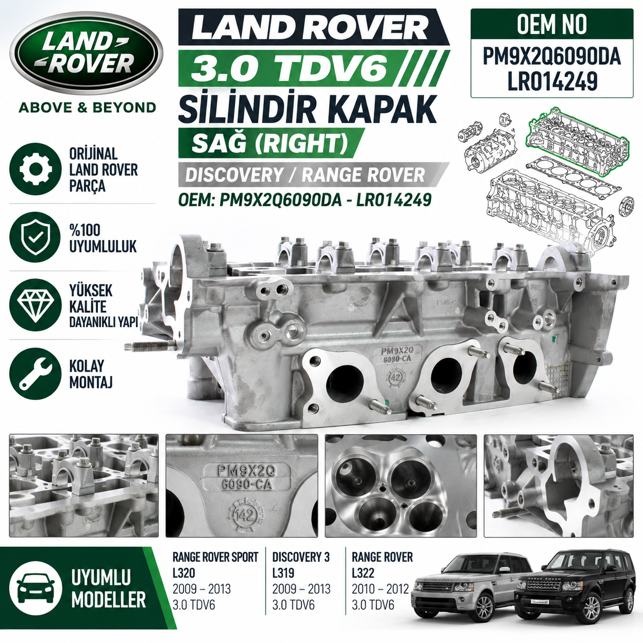 LAND RANGE ROVER 3.0 TDV6 DİSCOVERY 3 Silindir Kapak Sağ OEM PM9X2Q6090DA
